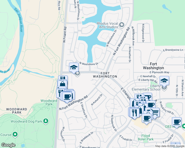 map of restaurants, bars, coffee shops, grocery stores, and more near 645 East Champlain Drive in Fresno