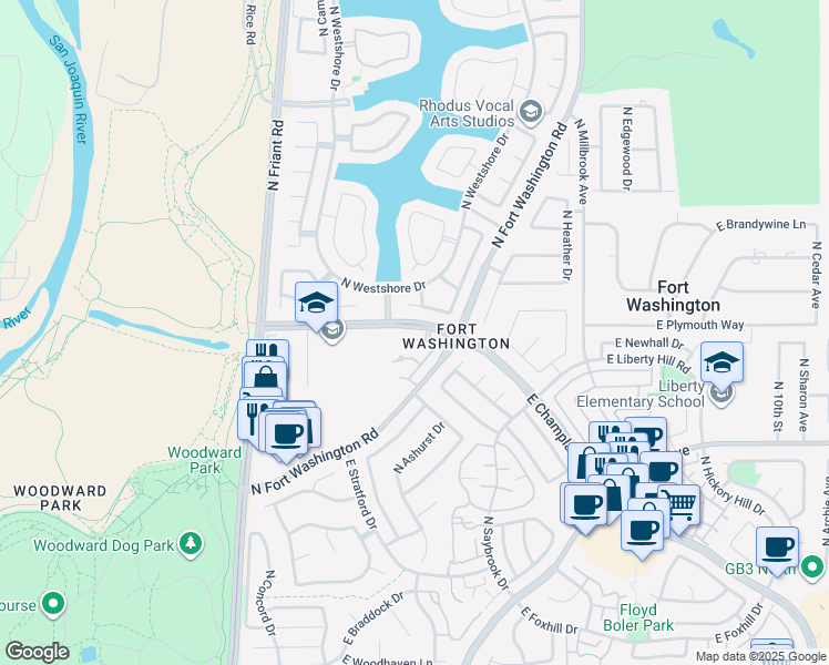 map of restaurants, bars, coffee shops, grocery stores, and more near 651 East Rock Creek Lane in Fresno