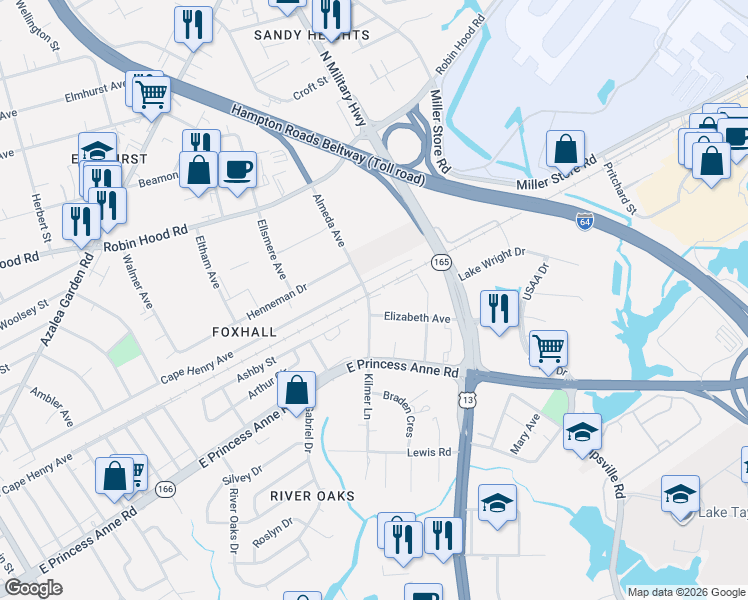 map of restaurants, bars, coffee shops, grocery stores, and more near 1544 Kilmer Lane in Norfolk