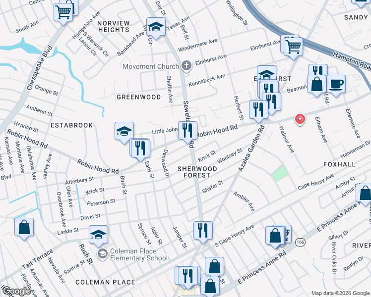 map of restaurants, bars, coffee shops, grocery stores, and more near 2826 Sewells Point Road in Norfolk
