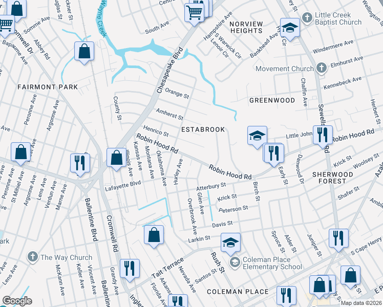 map of restaurants, bars, coffee shops, grocery stores, and more near 3722 Robin Hood Road in Norfolk