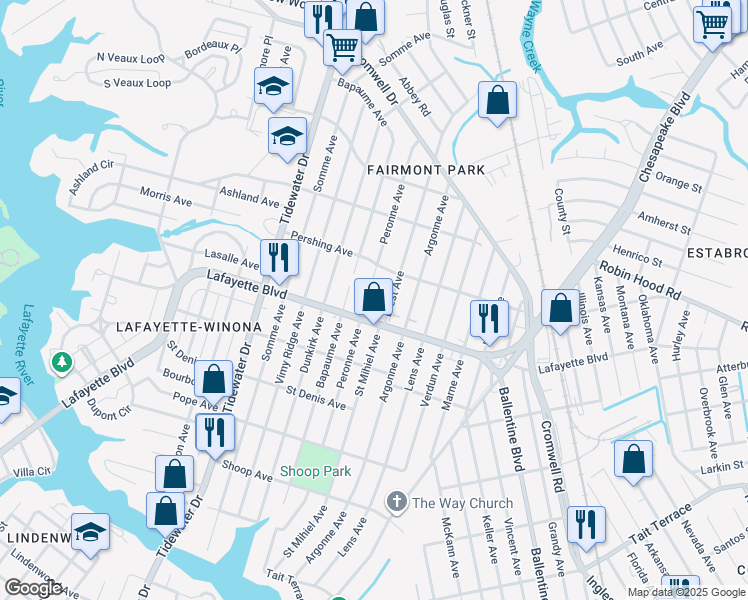 map of restaurants, bars, coffee shops, grocery stores, and more near 3223 Brest Avenue in Norfolk