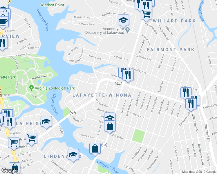 map of restaurants, bars, coffee shops, grocery stores, and more near 3116 Lorraine Avenue in Norfolk