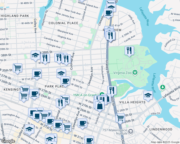 map of restaurants, bars, coffee shops, grocery stores, and more near 313 West 34th Street in Norfolk