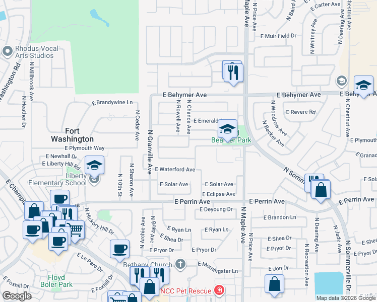 map of restaurants, bars, coffee shops, grocery stores, and more near 1707 East Plymouth Way in Fresno