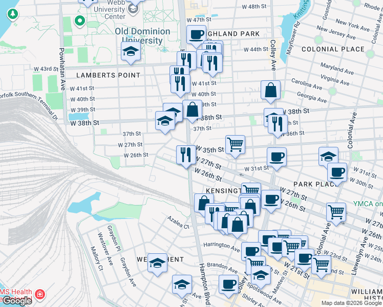 map of restaurants, bars, coffee shops, grocery stores, and more near 2701 Hampton Boulevard in Norfolk