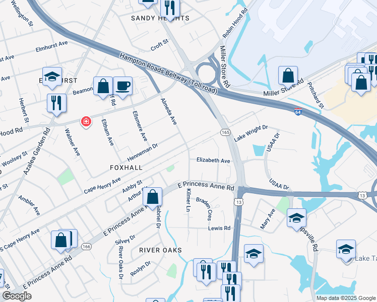 map of restaurants, bars, coffee shops, grocery stores, and more near 3506 Kilmer Lane in Norfolk