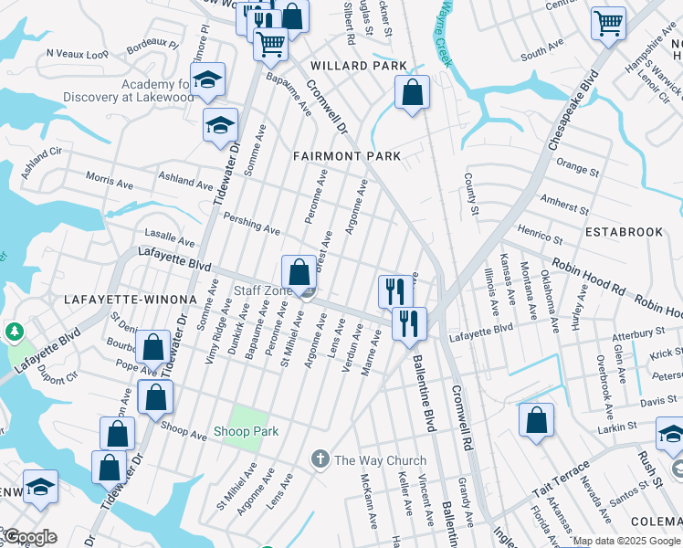 map of restaurants, bars, coffee shops, grocery stores, and more near 3228 Argonne Avenue in Norfolk