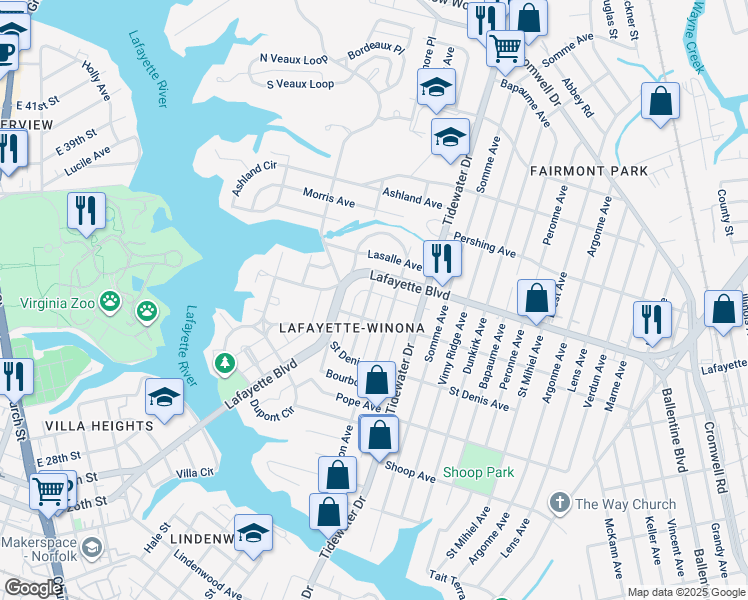 map of restaurants, bars, coffee shops, grocery stores, and more near 3116 Lorraine Avenue in Norfolk