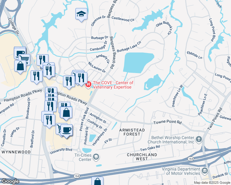 map of restaurants, bars, coffee shops, grocery stores, and more near 6312 Orchard Cove Court in Suffolk