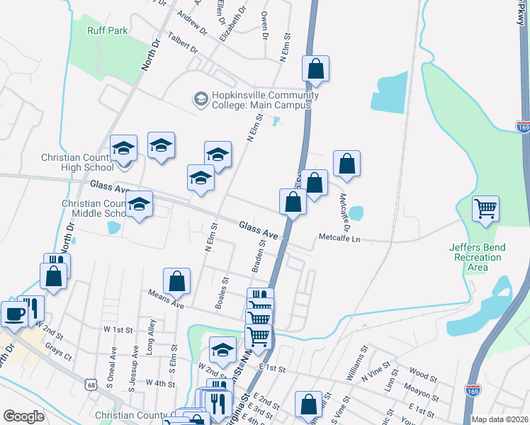 map of restaurants, bars, coffee shops, grocery stores, and more near 113 Maplelawn Street in Hopkinsville