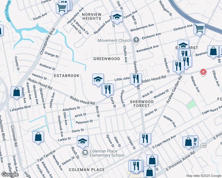 map of restaurants, bars, coffee shops, grocery stores, and more near 3042 Sherwood Forest Lane in Norfolk