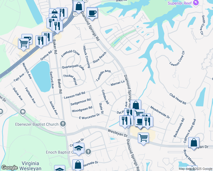 map of restaurants, bars, coffee shops, grocery stores, and more near 5545 Merner Lane in Virginia Beach