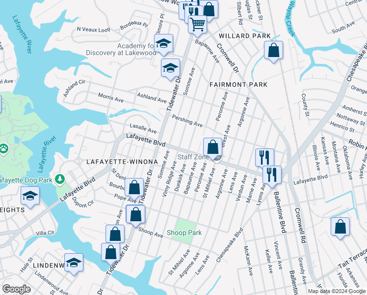 map of restaurants, bars, coffee shops, grocery stores, and more near 2106 Lafayette Boulevard in Norfolk