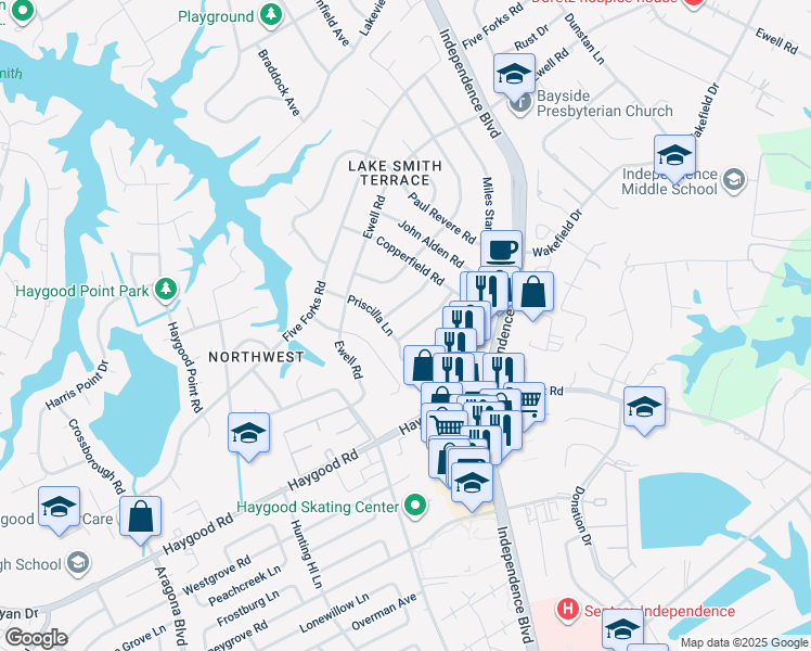 map of restaurants, bars, coffee shops, grocery stores, and more near 1025 Patrick Henry Way in Virginia Beach