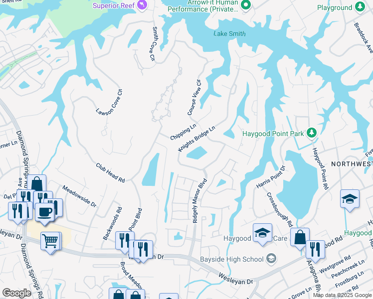 map of restaurants, bars, coffee shops, grocery stores, and more near 1184 Knights Bridge Lane in Virginia Beach