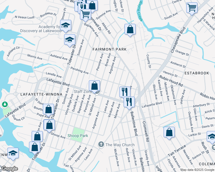 map of restaurants, bars, coffee shops, grocery stores, and more near 3228 Argonne Avenue in Norfolk