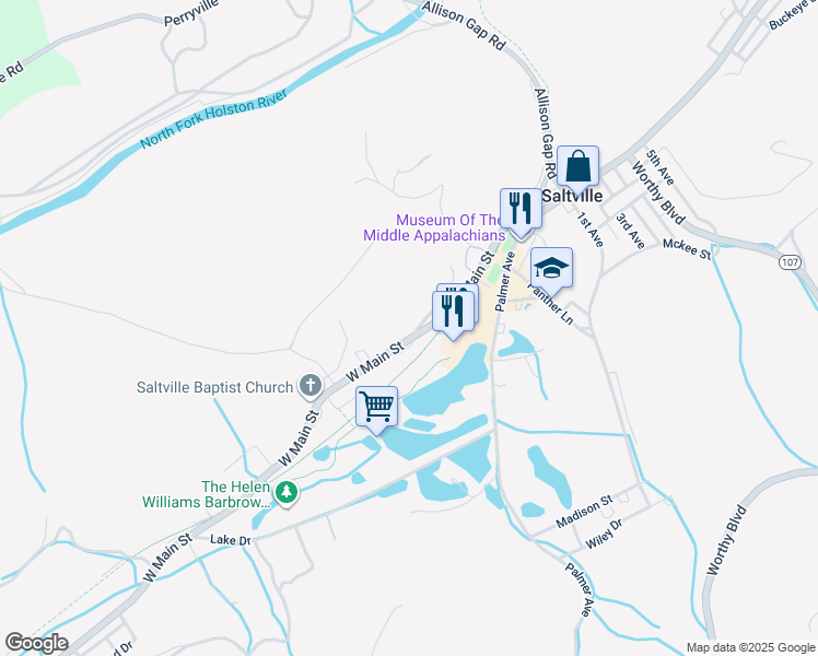 map of restaurants, bars, coffee shops, grocery stores, and more near 103 Court Street in Saltville