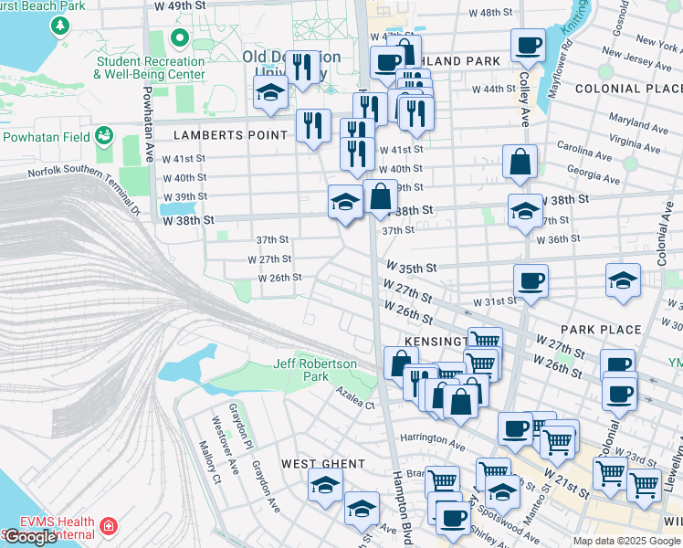 map of restaurants, bars, coffee shops, grocery stores, and more near 1231 W 27th St in Norfolk