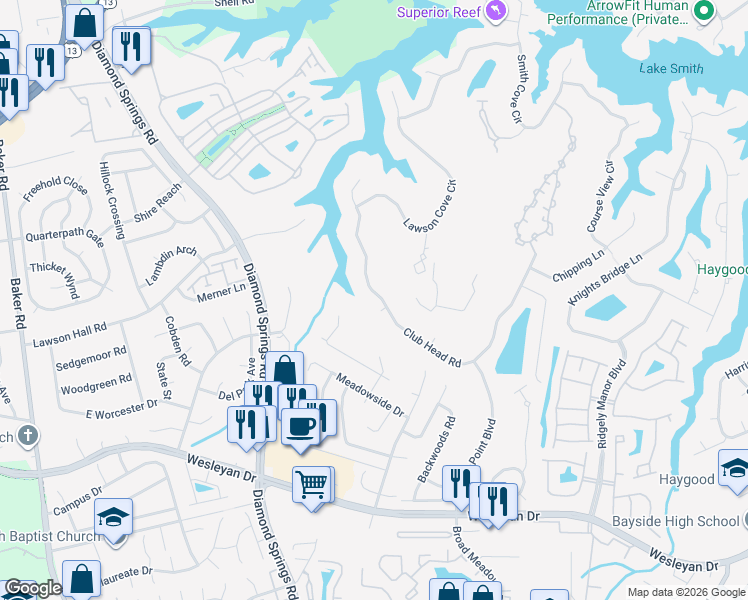 map of restaurants, bars, coffee shops, grocery stores, and more near 5397 Club Head Road in Virginia Beach
