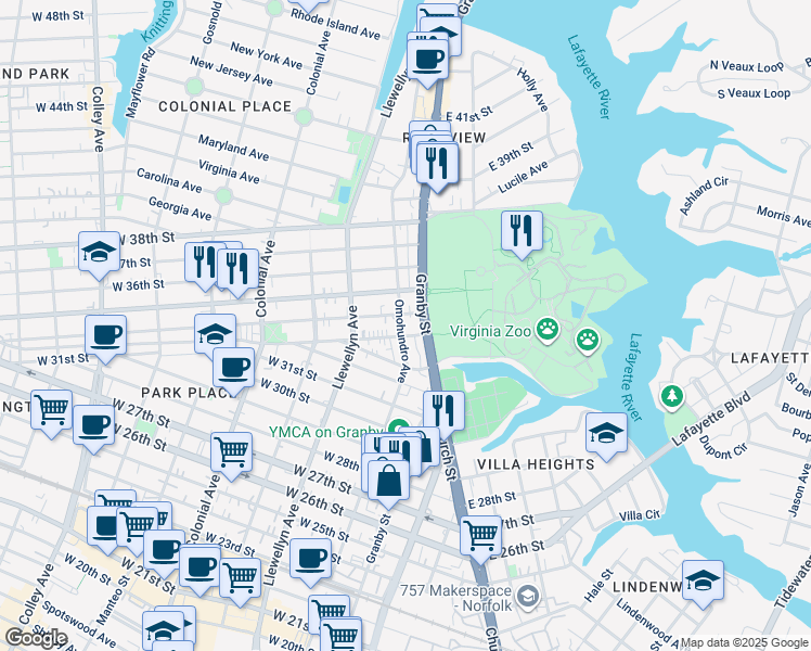 map of restaurants, bars, coffee shops, grocery stores, and more near 3306 Omohundro Avenue in Norfolk
