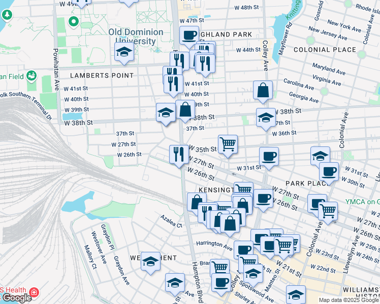 map of restaurants, bars, coffee shops, grocery stores, and more near 1087 West 35th Street in Norfolk