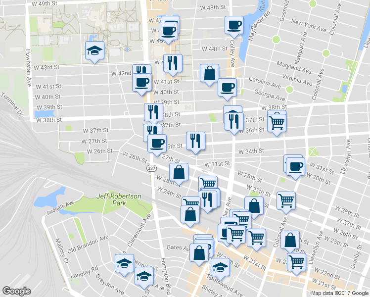 map of restaurants, bars, coffee shops, grocery stores, and more near 1021 West 35th Street in Norfolk