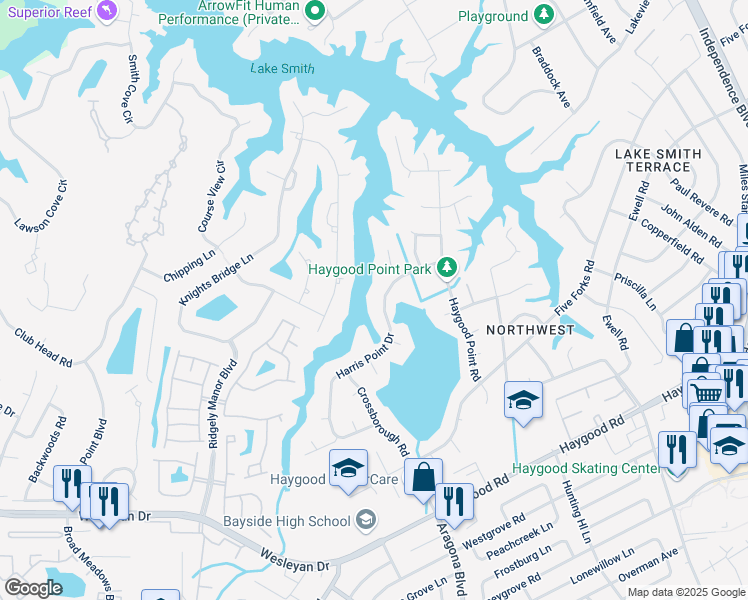 map of restaurants, bars, coffee shops, grocery stores, and more near 768 Harris Point Drive in Virginia Beach