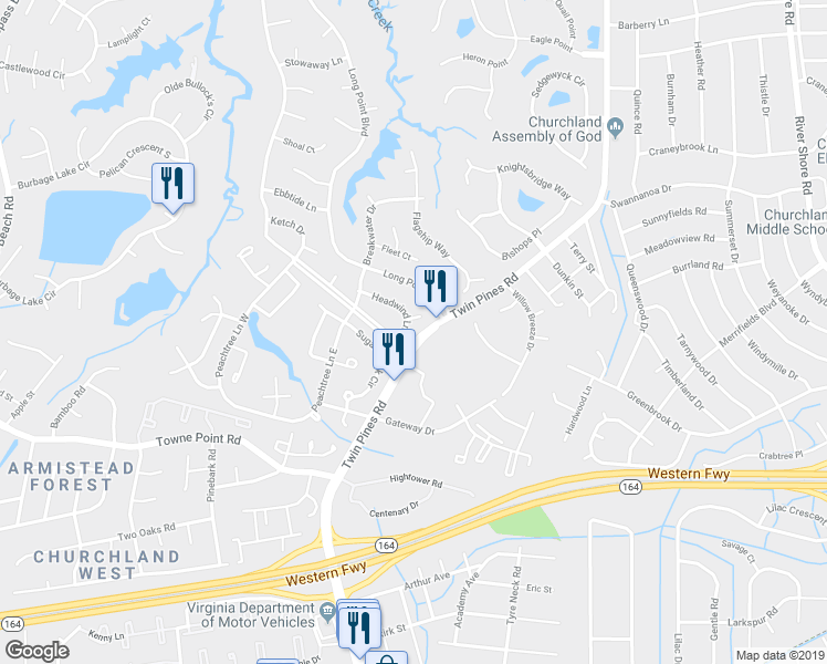 map of restaurants, bars, coffee shops, grocery stores, and more near 3815 Headwind Lane in Portsmouth