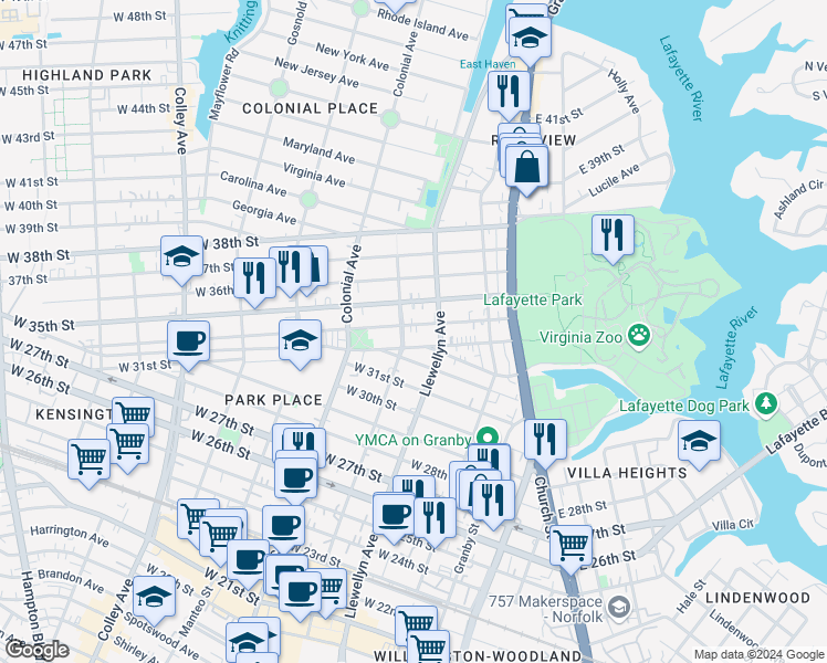map of restaurants, bars, coffee shops, grocery stores, and more near 323 West 34th Street in Norfolk