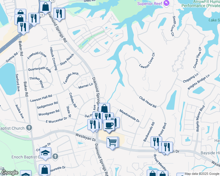 map of restaurants, bars, coffee shops, grocery stores, and more near 5413 Virginia Tech Ct in Virginia Beach