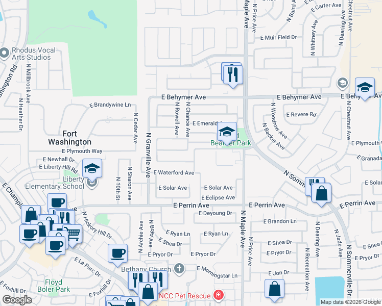 map of restaurants, bars, coffee shops, grocery stores, and more near 1707 East Plymouth Way in Fresno