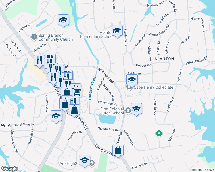 map of restaurants, bars, coffee shops, grocery stores, and more near 1340 Woodhurst Drive in Virginia Beach