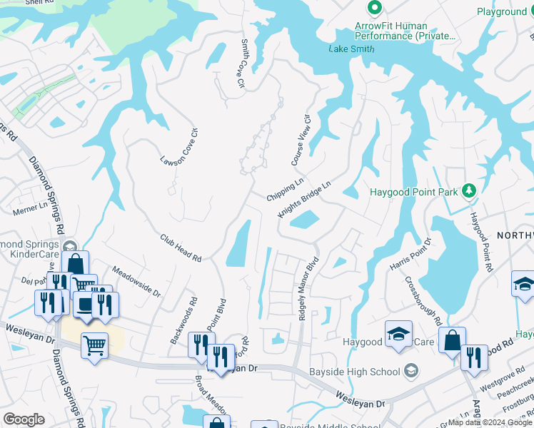 map of restaurants, bars, coffee shops, grocery stores, and more near 1124 Pond Cypress Drive in Virginia Beach