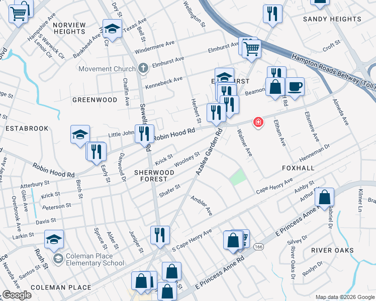 map of restaurants, bars, coffee shops, grocery stores, and more near 5011 Krick Street in Norfolk