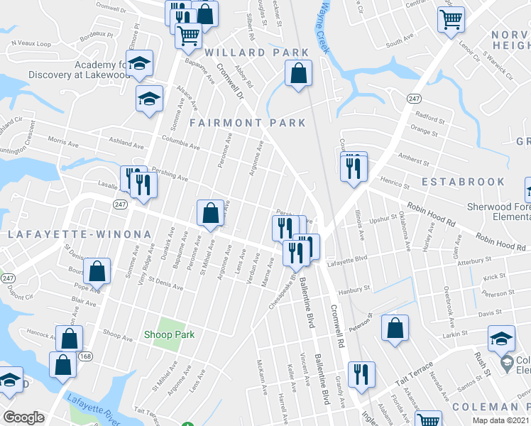 map of restaurants, bars, coffee shops, grocery stores, and more near 3241 Verdun Avenue in Norfolk
