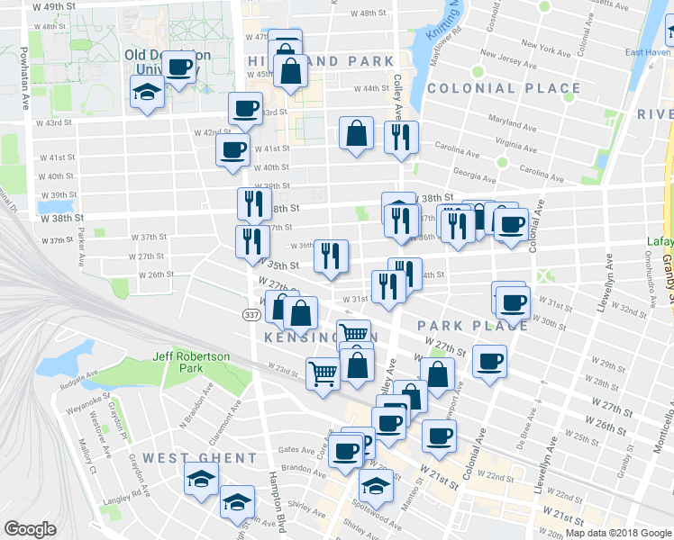 map of restaurants, bars, coffee shops, grocery stores, and more near 859 West 35th Street in Norfolk