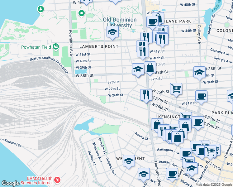 map of restaurants, bars, coffee shops, grocery stores, and more near 1314 West 26th Street in Norfolk
