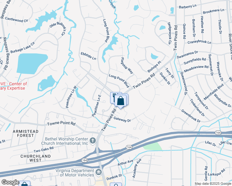 map of restaurants, bars, coffee shops, grocery stores, and more near 3861 Sugar Creek Circle in Portsmouth