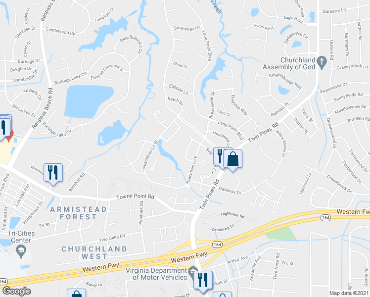 map of restaurants, bars, coffee shops, grocery stores, and more near 3826 Augustine Circle in Portsmouth