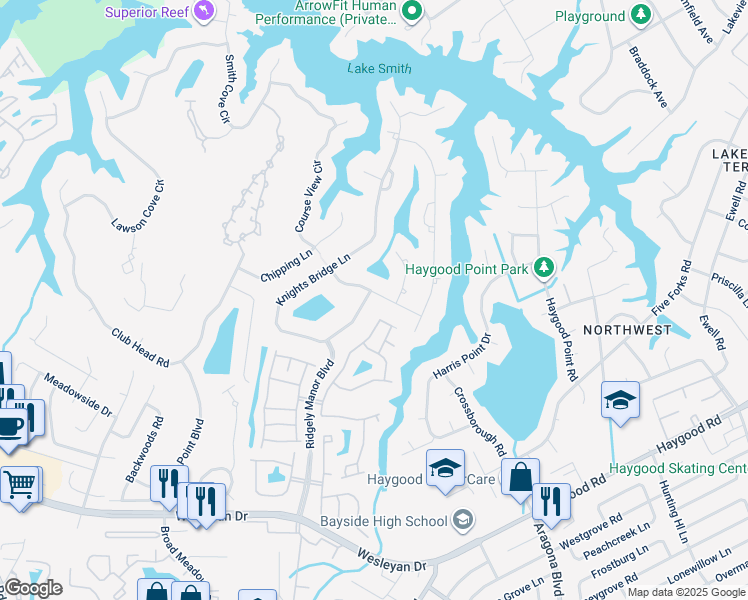 map of restaurants, bars, coffee shops, grocery stores, and more near 1101 Knights Bridge Lane in Virginia Beach