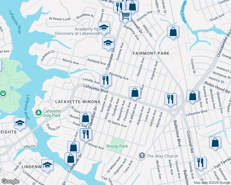 map of restaurants, bars, coffee shops, grocery stores, and more near 2102 Lafayette Boulevard in Norfolk