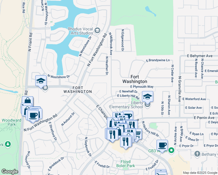 map of restaurants, bars, coffee shops, grocery stores, and more near 916 East Windsor Circle in Fresno
