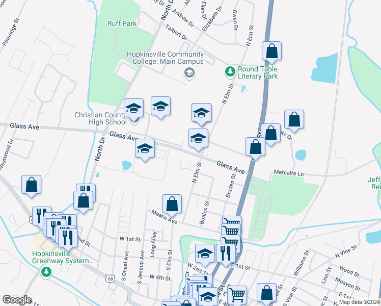 map of restaurants, bars, coffee shops, grocery stores, and more near 210 Glass Avenue in Hopkinsville