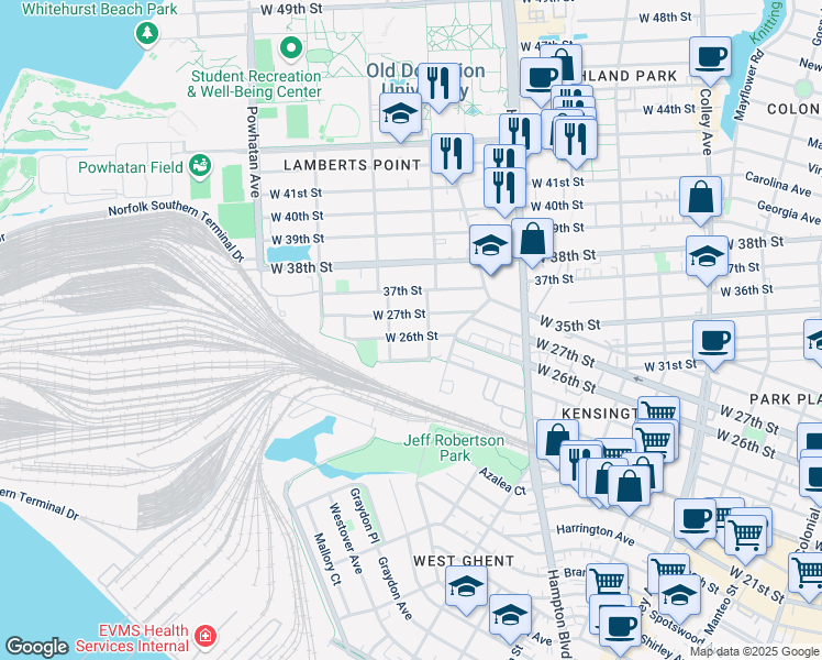 map of restaurants, bars, coffee shops, grocery stores, and more near 1314 West 26th Street in Norfolk