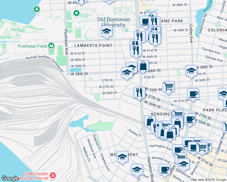 map of restaurants, bars, coffee shops, grocery stores, and more near 1314 West 26th Street in Norfolk