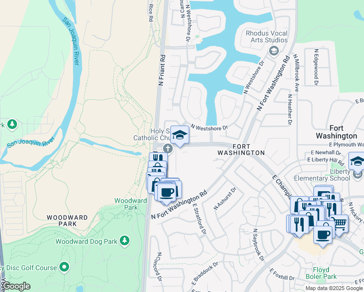 map of restaurants, bars, coffee shops, grocery stores, and more near 465 East Champlain Drive in Fresno