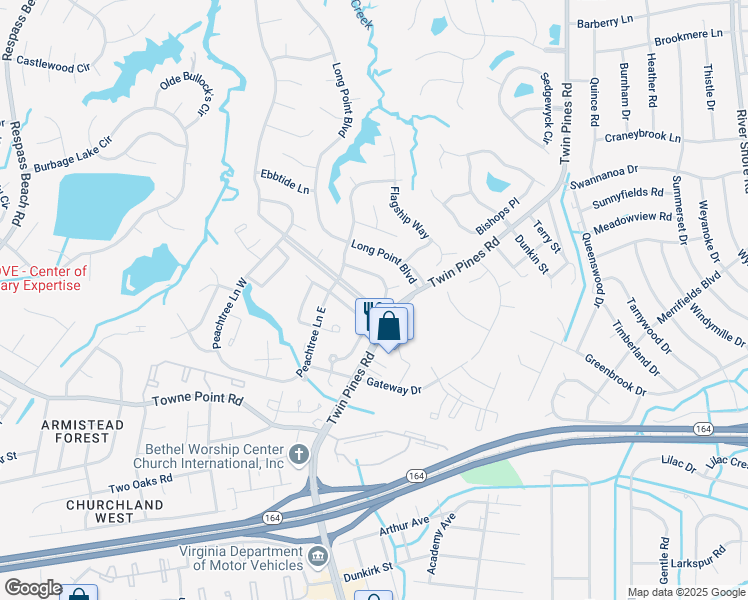 map of restaurants, bars, coffee shops, grocery stores, and more near 3861 Sugar Creek Circle in Portsmouth