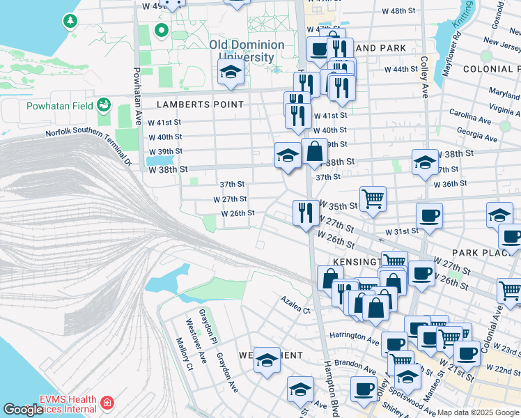 map of restaurants, bars, coffee shops, grocery stores, and more near 1268 West 26th Street in Norfolk