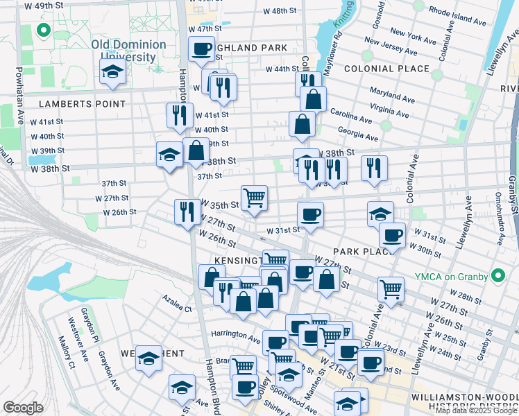 map of restaurants, bars, coffee shops, grocery stores, and more near 859 West 35th Street in Norfolk